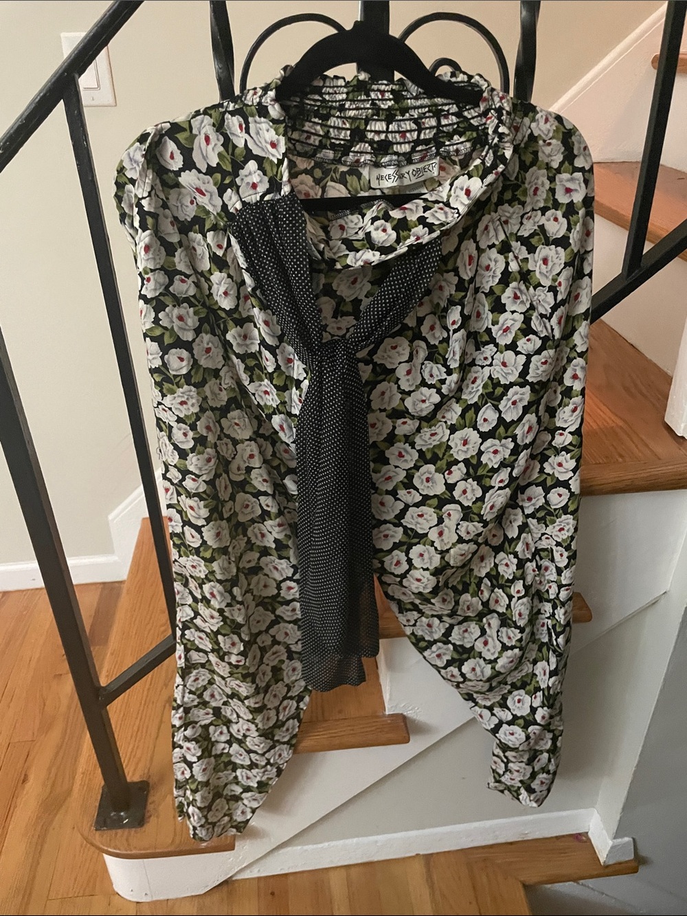 Necessary Objects Black Floral Blouse with Polka Dot Neck Tie
